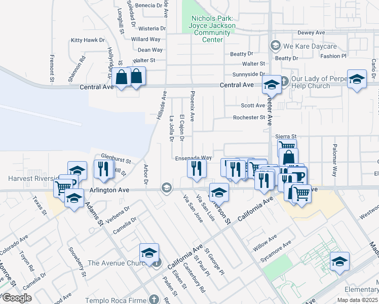map of restaurants, bars, coffee shops, grocery stores, and more near 5630 Ensenada Way in Riverside
