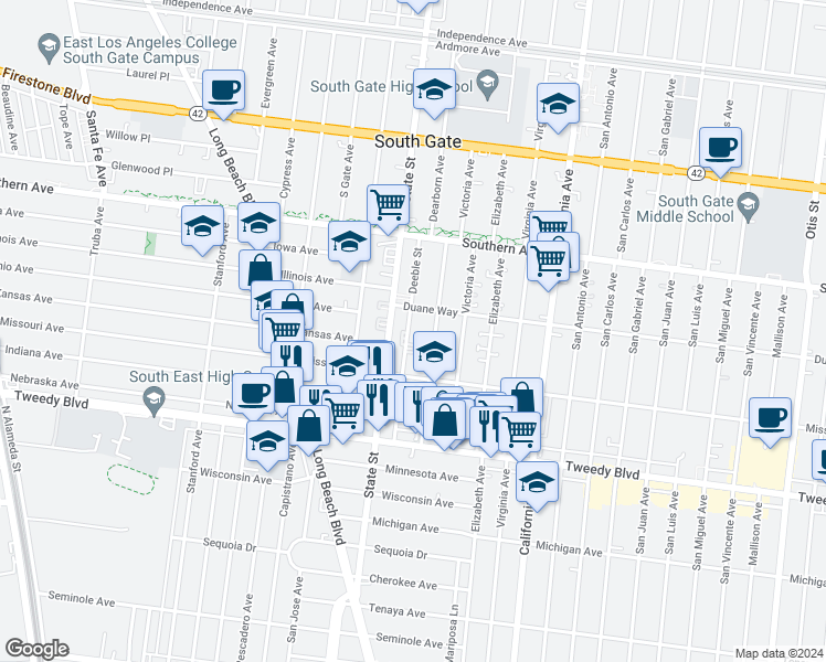map of restaurants, bars, coffee shops, grocery stores, and more near 9538 Deeble Street in South Gate