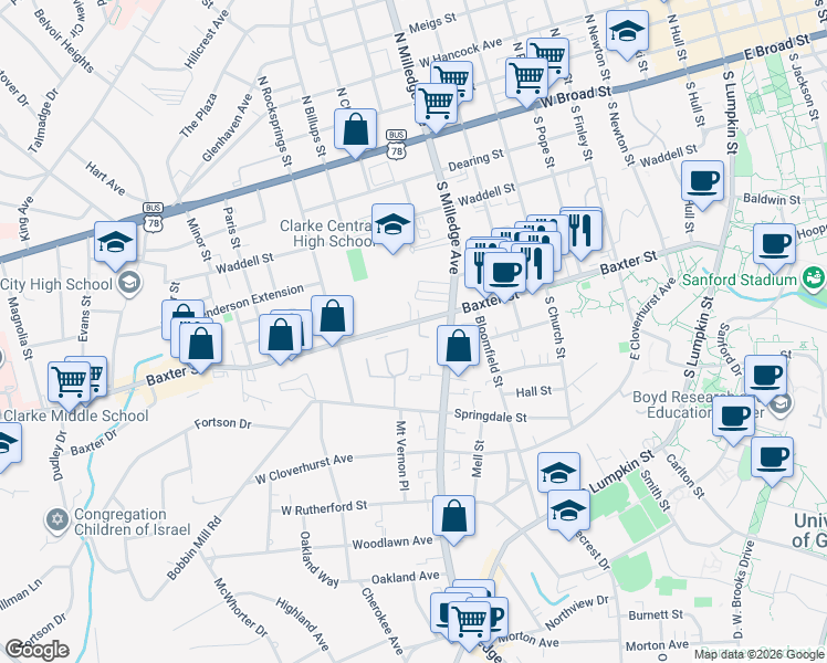 map of restaurants, bars, coffee shops, grocery stores, and more near 935 Baxter Street in Athens