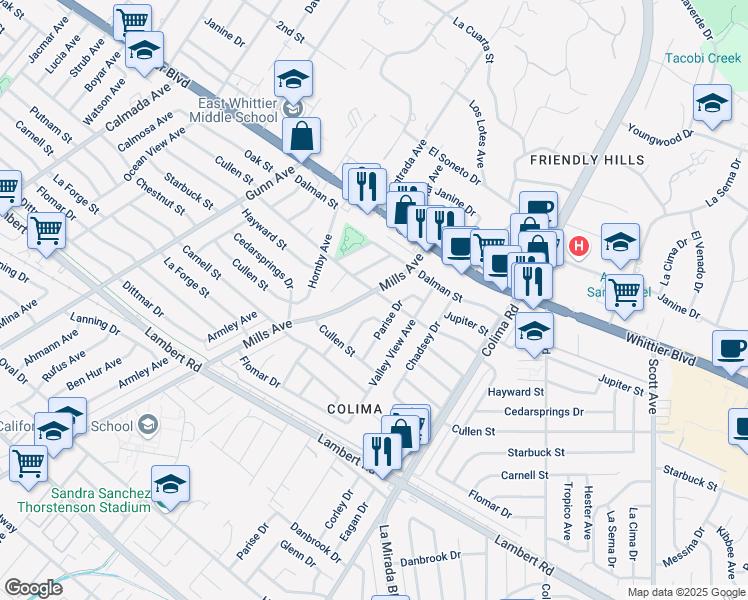 map of restaurants, bars, coffee shops, grocery stores, and more near 9202 Mills Avenue in Whittier