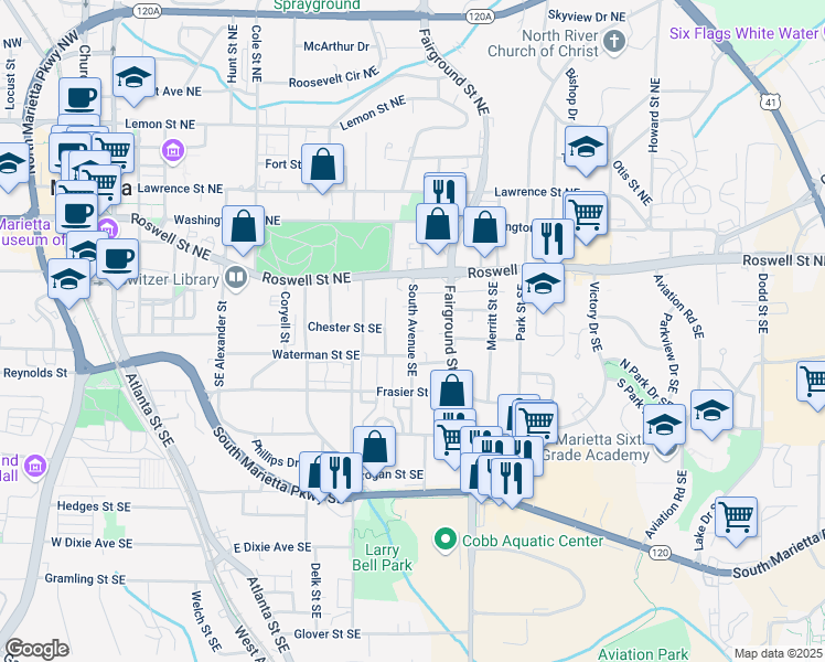 map of restaurants, bars, coffee shops, grocery stores, and more near Inglenook Walk in Marietta