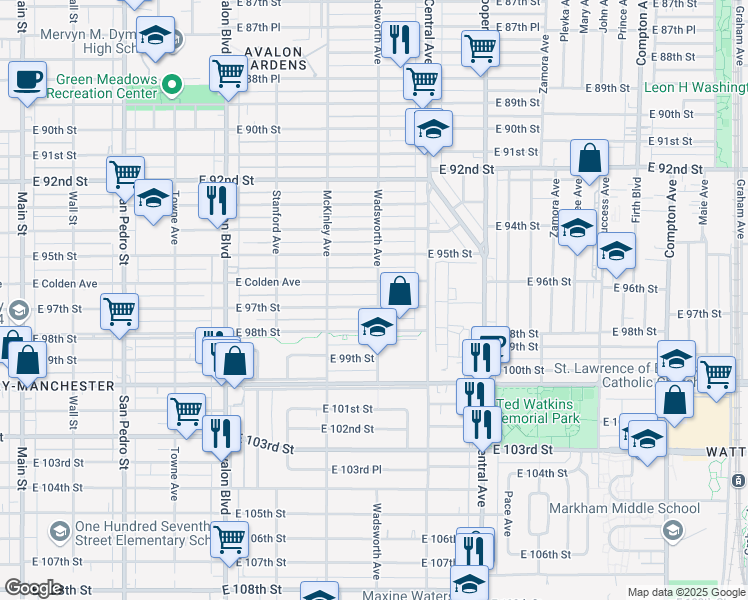 map of restaurants, bars, coffee shops, grocery stores, and more near 9625 Wadsworth Avenue in Los Angeles