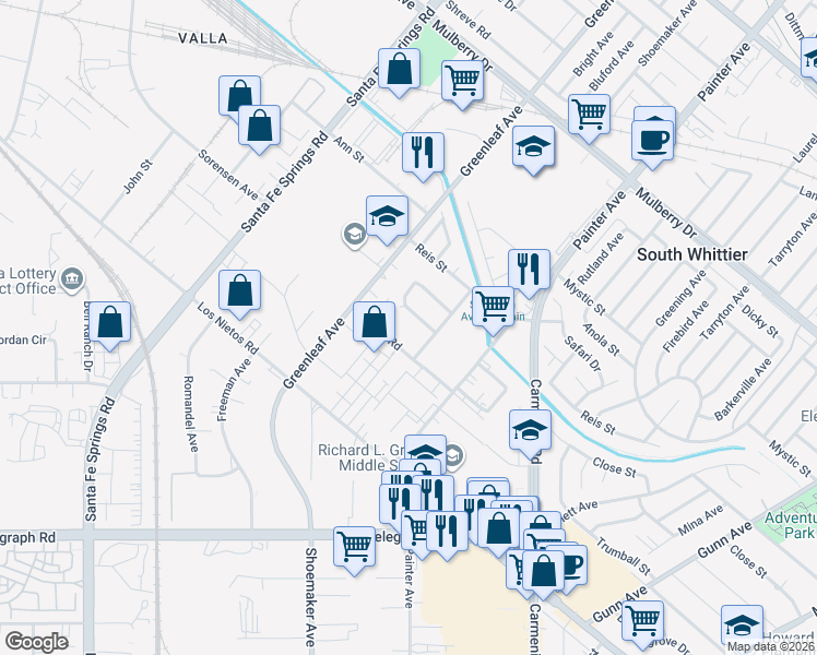 map of restaurants, bars, coffee shops, grocery stores, and more near 13003 Barton Road in Whittier