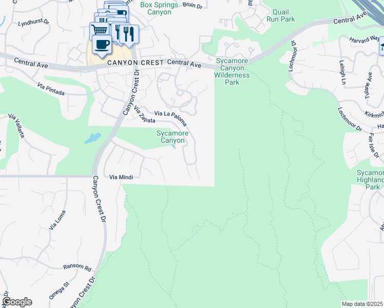 map of restaurants, bars, coffee shops, grocery stores, and more near 548 Vía La Paloma in Riverside