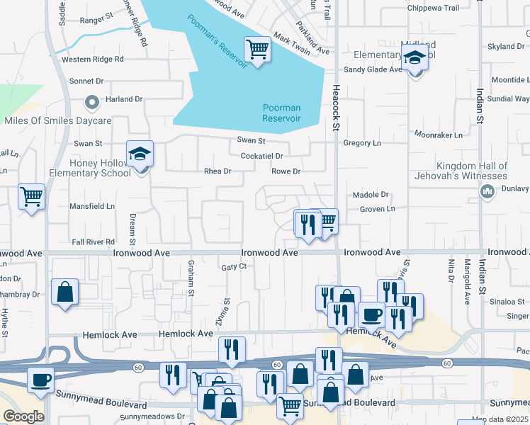 map of restaurants, bars, coffee shops, grocery stores, and more near 23820 Ironwood Avenue in Moreno Valley