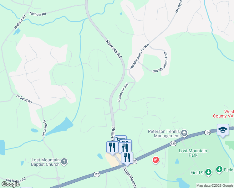 map of restaurants, bars, coffee shops, grocery stores, and more near 5104 Pindos Pass in Powder Springs