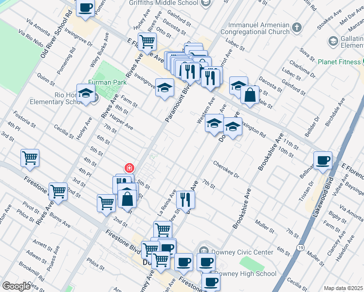 map of restaurants, bars, coffee shops, grocery stores, and more near 10507 Western Avenue in Downey