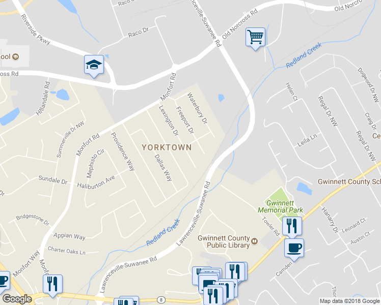 map of restaurants, bars, coffee shops, grocery stores, and more near 345 Lexington Drive in Lawrenceville
