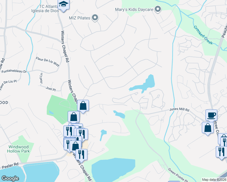 map of restaurants, bars, coffee shops, grocery stores, and more near 2911 Ashley Club Circle in Norcross