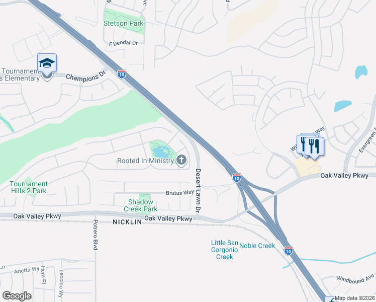 map of restaurants, bars, coffee shops, grocery stores, and more near Bowker Play Court in Beaumont