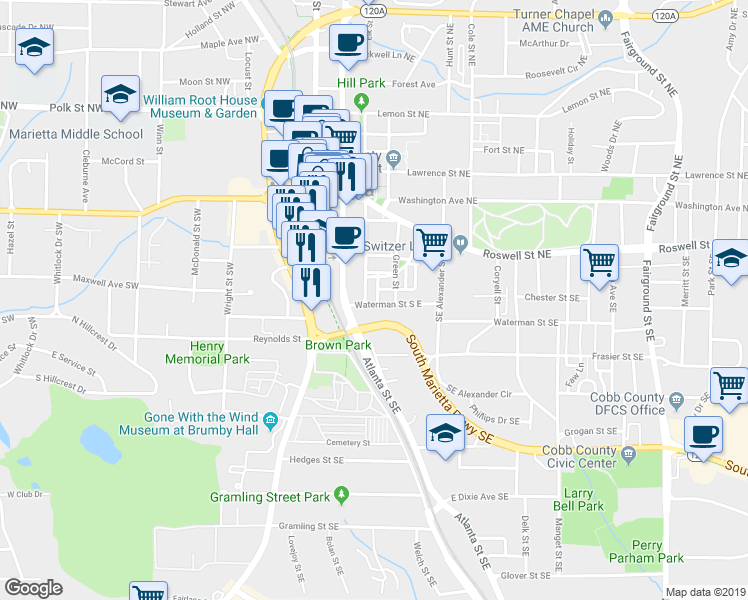 map of restaurants, bars, coffee shops, grocery stores, and more near 169 Waterman Street South East in Marietta