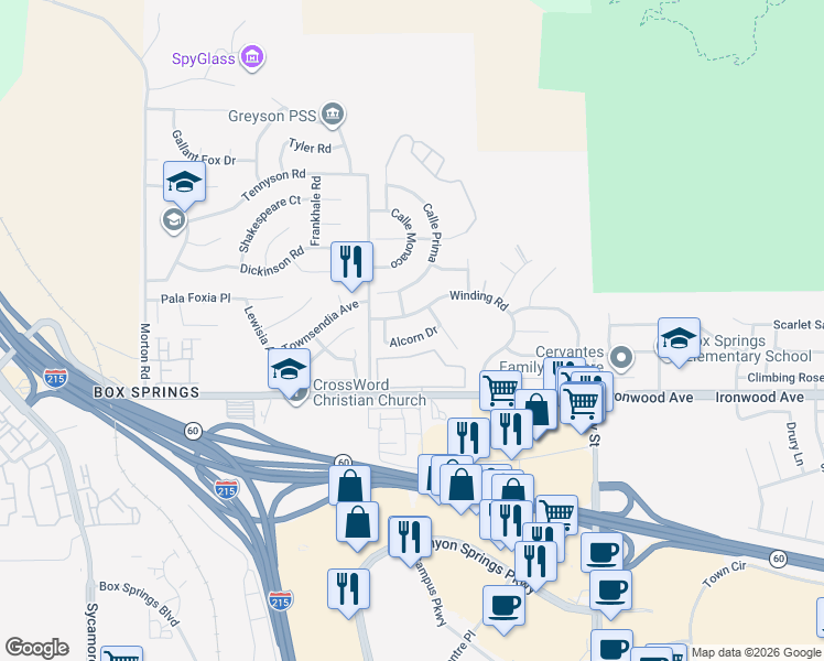 map of restaurants, bars, coffee shops, grocery stores, and more near 21585 Alcorn Drive in Moreno Valley