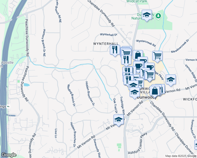 map of restaurants, bars, coffee shops, grocery stores, and more near 5155 Pine Branch Point in Dunwoody