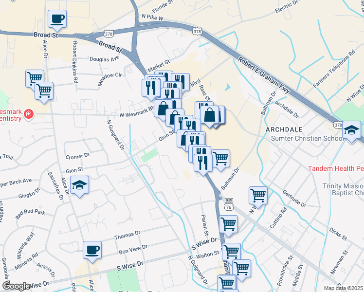 map of restaurants, bars, coffee shops, grocery stores, and more near 1066 Broad Street in Sumter