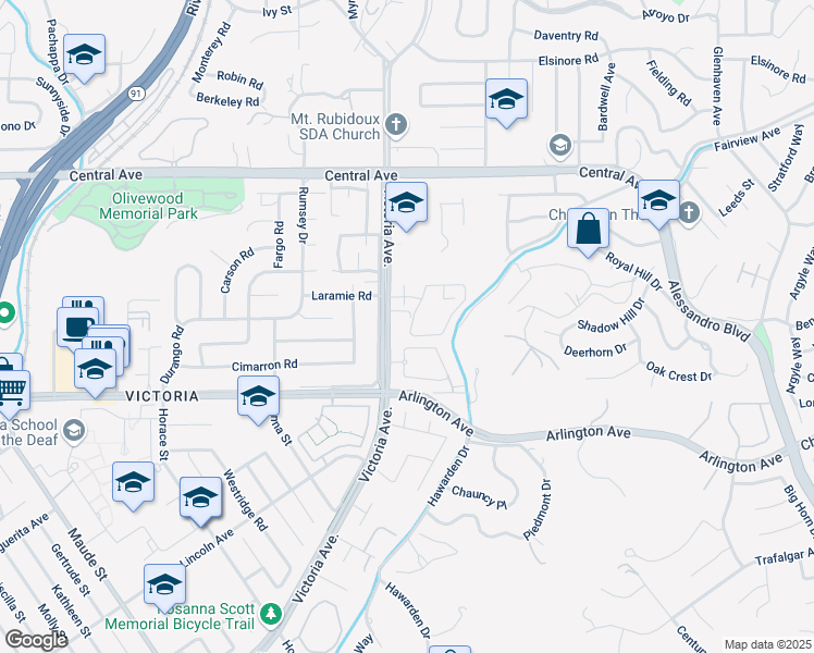 map of restaurants, bars, coffee shops, grocery stores, and more near 2659 Victoria Park Drive in Riverside