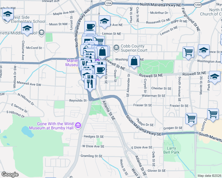map of restaurants, bars, coffee shops, grocery stores, and more near 178 Waterman Street South East in Marietta