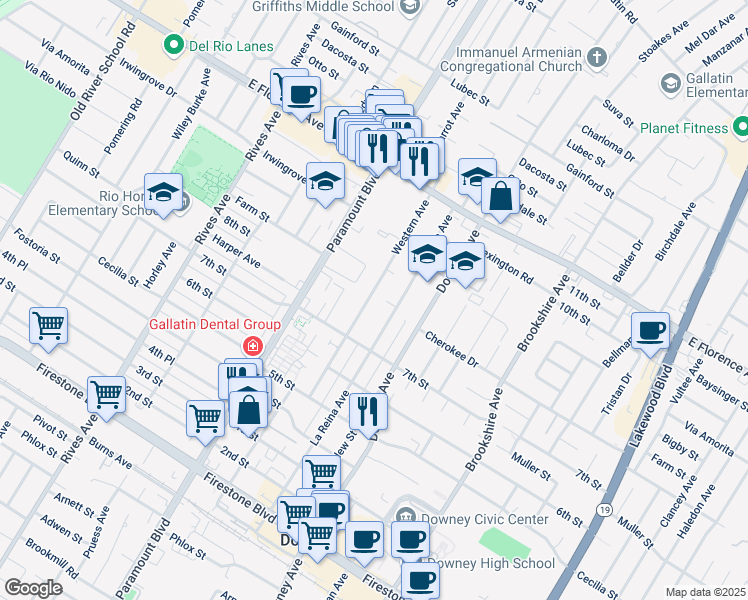 map of restaurants, bars, coffee shops, grocery stores, and more near 10440 Western Avenue in Downey