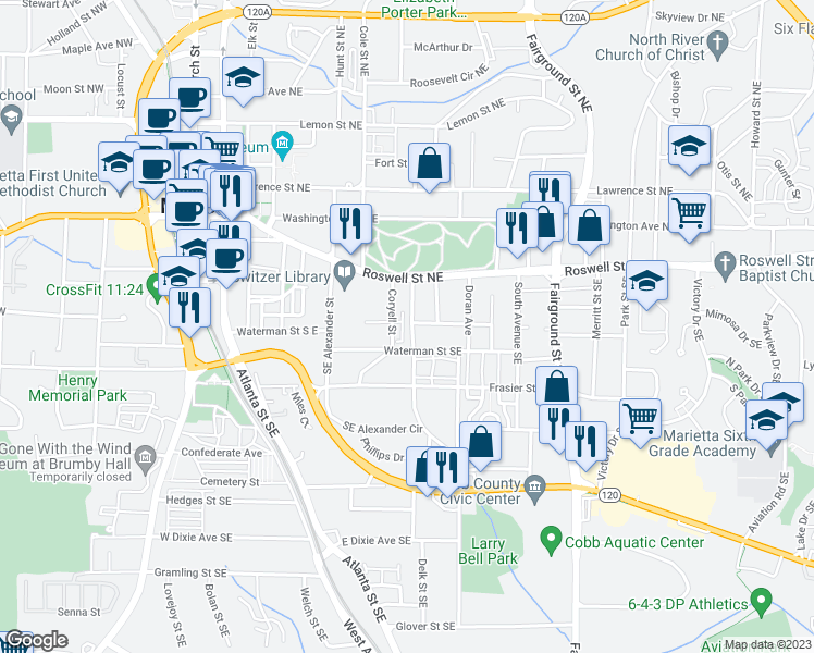 map of restaurants, bars, coffee shops, grocery stores, and more near 50 Emerson Hill Square in Marietta