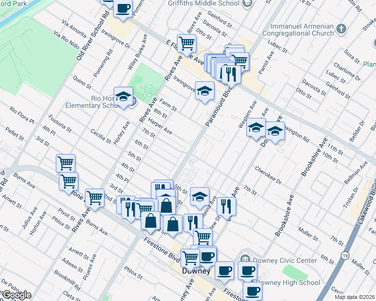 map of restaurants, bars, coffee shops, grocery stores, and more near in Downey