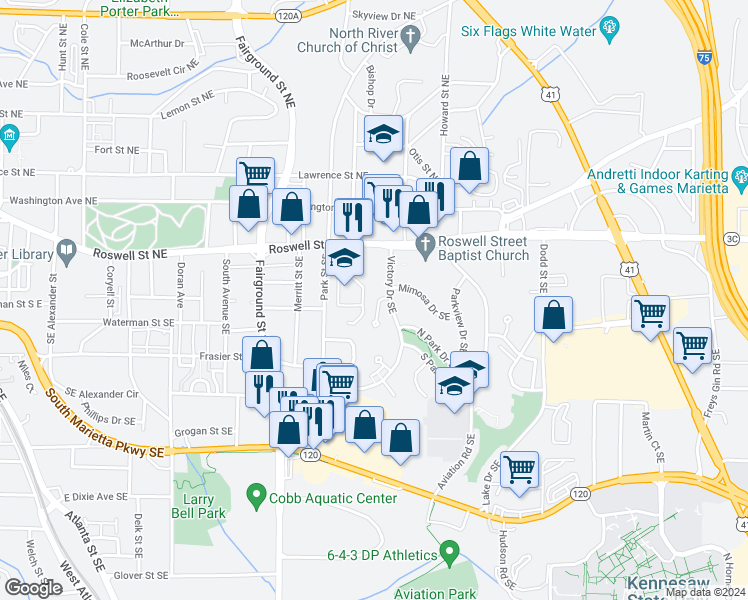 map of restaurants, bars, coffee shops, grocery stores, and more near 158 Brook Circle SE in Marietta