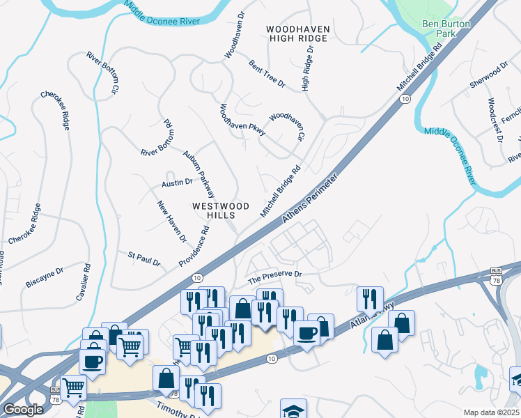 map of restaurants, bars, coffee shops, grocery stores, and more near 885 Mitchell Bridge Road in Athens