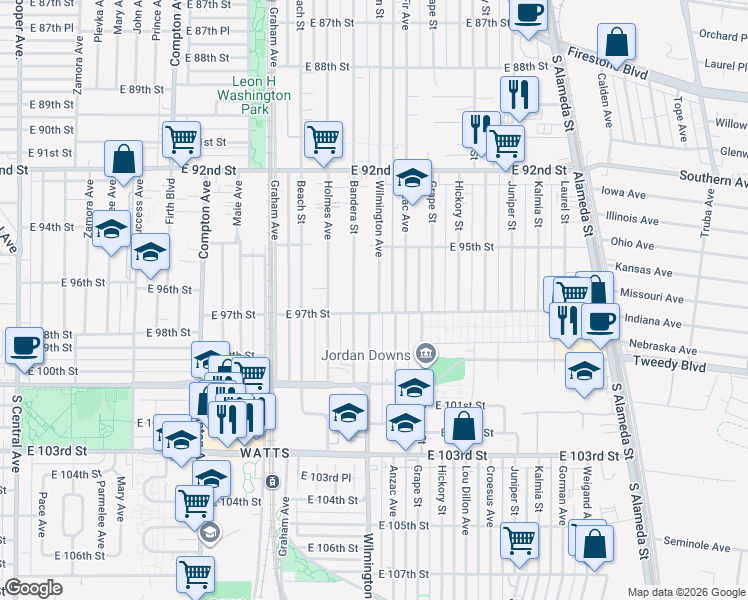 map of restaurants, bars, coffee shops, grocery stores, and more near 9613 Wilmington Avenue in Los Angeles