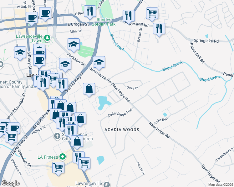 map of restaurants, bars, coffee shops, grocery stores, and more near 132 Sandalwood Circle in Lawrenceville