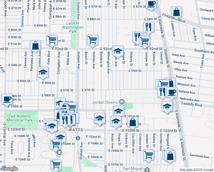 map of restaurants, bars, coffee shops, grocery stores, and more near 9613 Wilmington Avenue in Los Angeles
