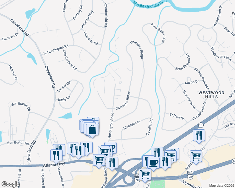 map of restaurants, bars, coffee shops, grocery stores, and more near 454 Huntington Road in Athens