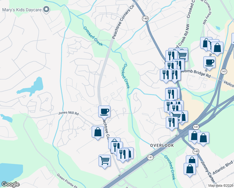 map of restaurants, bars, coffee shops, grocery stores, and more near 318 Glenleaf Drive in Norcross