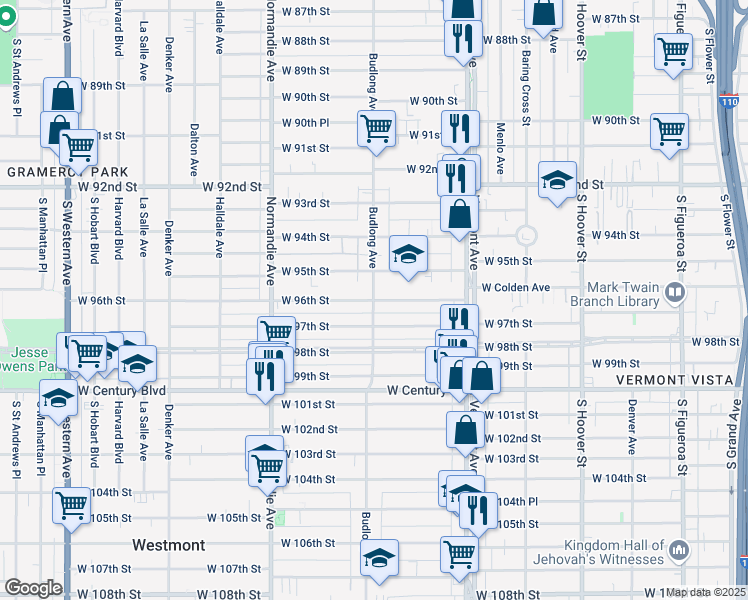 map of restaurants, bars, coffee shops, grocery stores, and more near Budlong Avenue & West 96th Street in Los Angeles