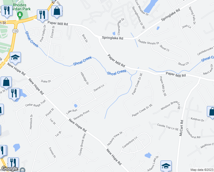 map of restaurants, bars, coffee shops, grocery stores, and more near 2081 Darrel Lane in Lawrenceville