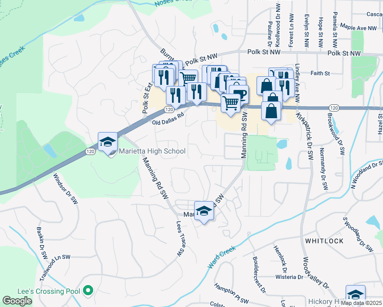 map of restaurants, bars, coffee shops, grocery stores, and more near 318 Westland Way Southwest in Marietta