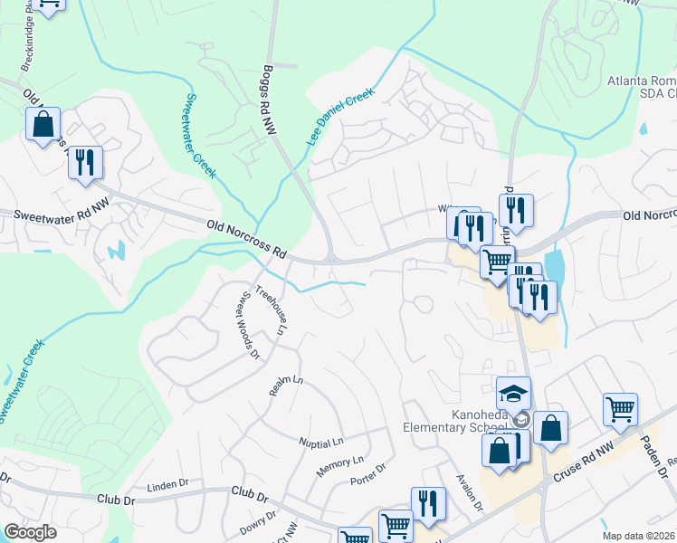 map of restaurants, bars, coffee shops, grocery stores, and more near 1282 Britain Drive Northwest in Lawrenceville