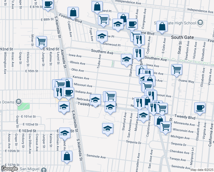 map of restaurants, bars, coffee shops, grocery stores, and more near 2635 Indiana Avenue in South Gate