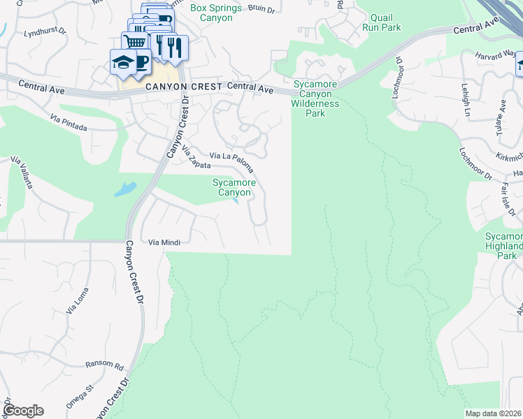 map of restaurants, bars, coffee shops, grocery stores, and more near 536 Vía La Paloma in Riverside