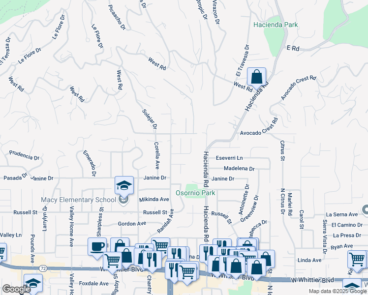 map of restaurants, bars, coffee shops, grocery stores, and more near 17050 Villa Rita Drive in Whittier