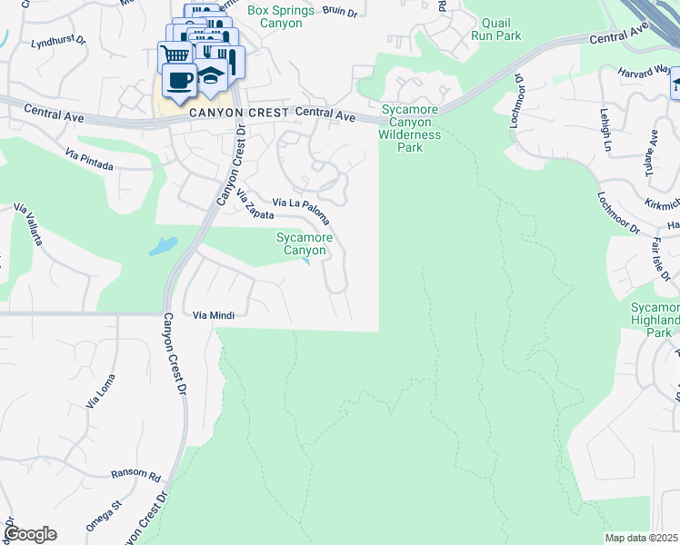 map of restaurants, bars, coffee shops, grocery stores, and more near 548 Vía La Paloma in Riverside