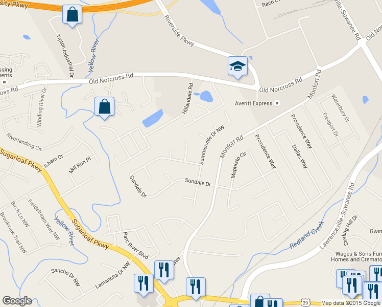 map of restaurants, bars, coffee shops, grocery stores, and more near 465 Buttercup Trail in Lawrenceville