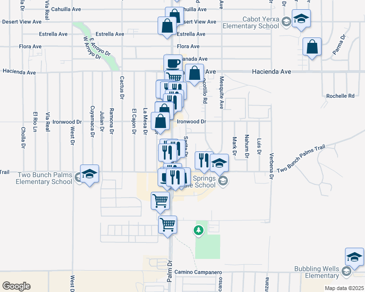 map of restaurants, bars, coffee shops, grocery stores, and more near 13835 Sarita Drive in Desert Hot Springs