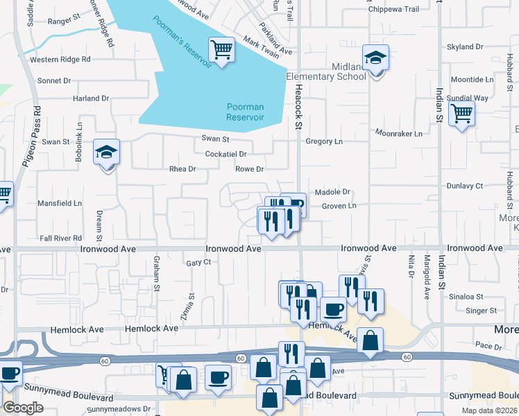 map of restaurants, bars, coffee shops, grocery stores, and more near 23820 Ironwood Avenue in Moreno Valley