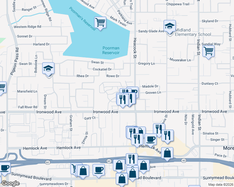 map of restaurants, bars, coffee shops, grocery stores, and more near 23820 Ironwood Avenue in Moreno Valley