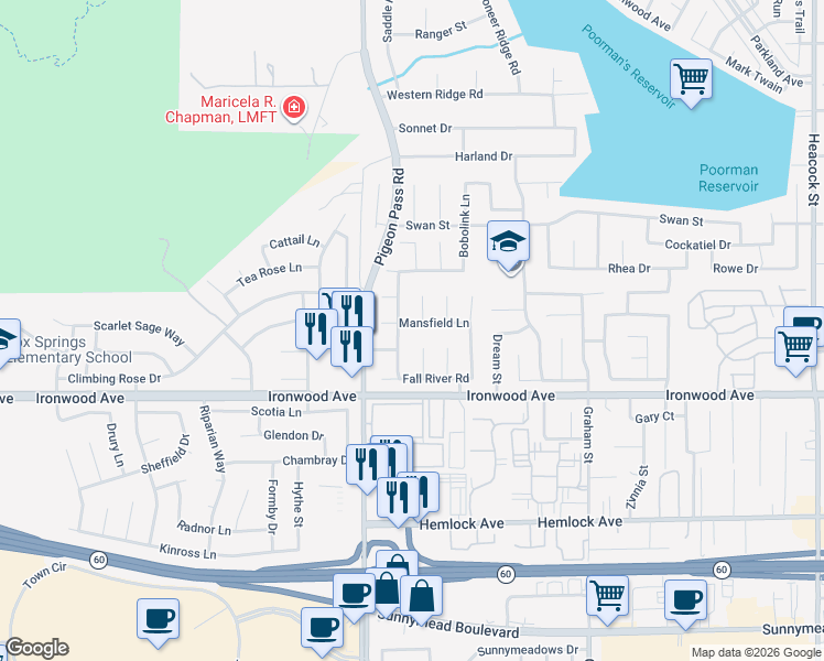 map of restaurants, bars, coffee shops, grocery stores, and more near 11905 Hartland Place in Moreno Valley