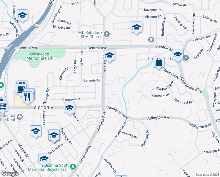 map of restaurants, bars, coffee shops, grocery stores, and more near 2659 Victoria Park Drive in Riverside