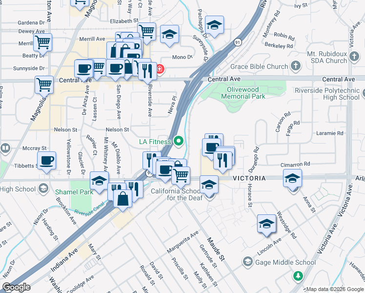 map of restaurants, bars, coffee shops, grocery stores, and more near 3439 Arlington Avenue in Riverside