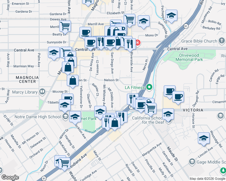 map of restaurants, bars, coffee shops, grocery stores, and more near 6529 San Diego Avenue in Riverside