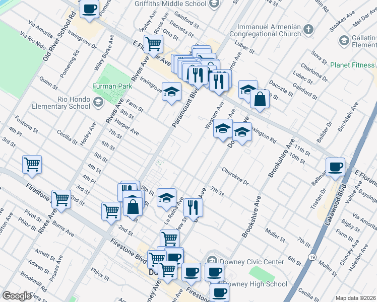 map of restaurants, bars, coffee shops, grocery stores, and more near 10524 Western Avenue in Downey