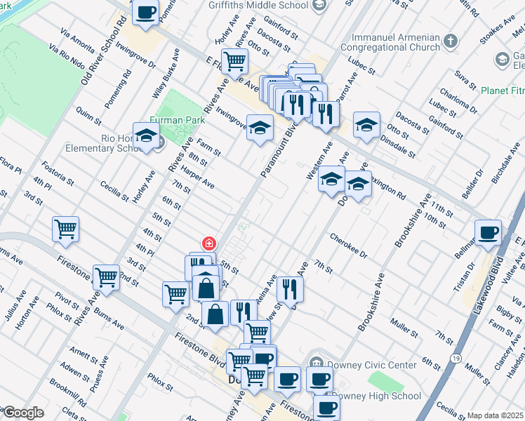 map of restaurants, bars, coffee shops, grocery stores, and more near 8035 7th Street in Downey