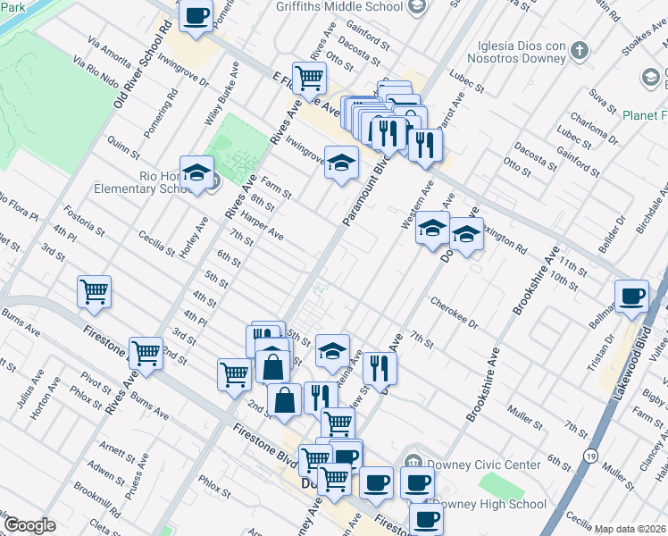 map of restaurants, bars, coffee shops, grocery stores, and more near 8035 7th Street in Downey
