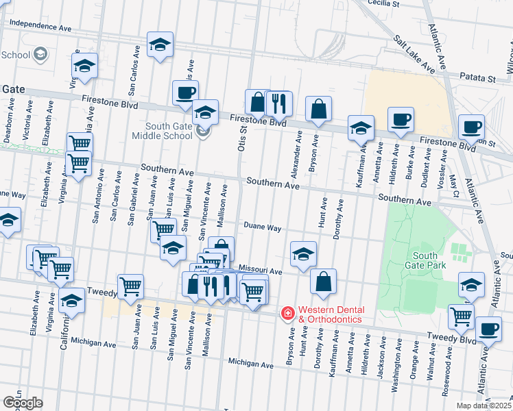 map of restaurants, bars, coffee shops, grocery stores, and more near 9404 McNerney Avenue in South Gate